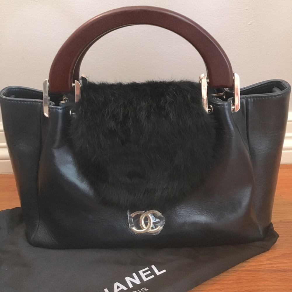 ❌SOLD❌ Dark Teal “Double C” Purse w Black Faux Fur